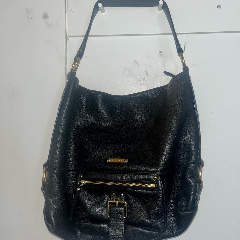 Michael Kors Black Leather Hobo Bag with Gold Accents